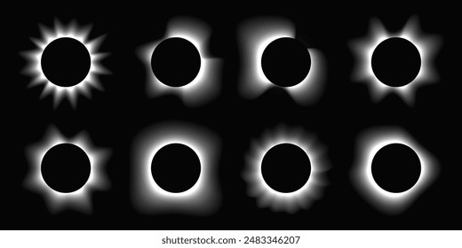 Big set of circle illuminate frames with gradient. Eight white round neon banners isolated on black background. Vector illustration