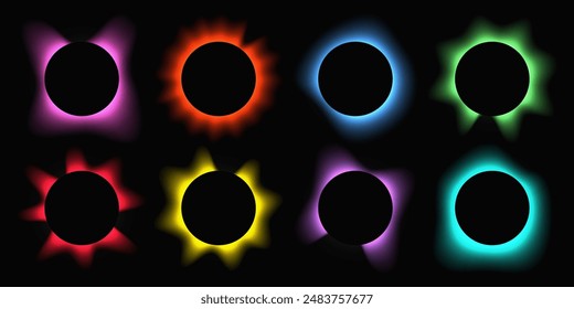 Big set of circle illuminate frames with gradient. Eight multi-colored round neon banners isolated on black background. Vector illustration