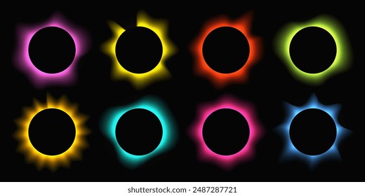 Big set of circle illuminate frames with gradient. Eight multi-colored round neon banners isolated on black background. Vector illustration