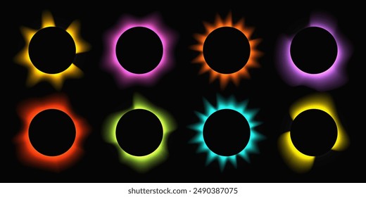 Big set of circle illuminate frames with gradient. Eight multi-colored round neon banners isolated on black background. Vector illustration