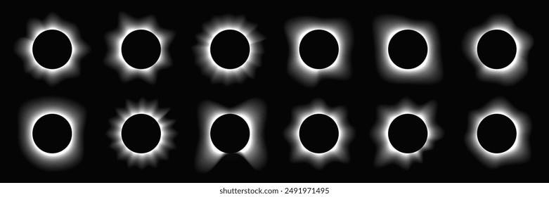Big set of circle illuminate frames with gradient. Twelve white round neon banners isolated on black background. Vector illustration