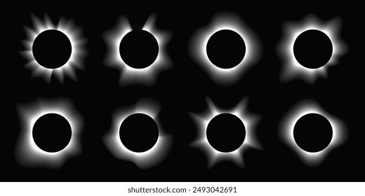 Big set of circle illuminate frames with gradient. Eight white round neon banners isolated on black background. Vector illustration