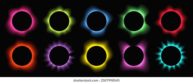 Big set of circle illuminate frames with gradient. Ten multi-colored round neon banners isolated on black background. Vector illustration