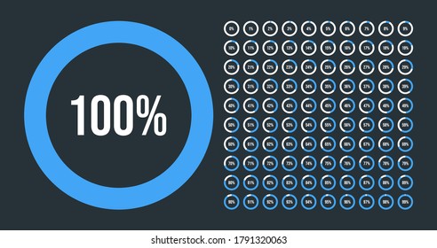 Big set of circle percentage diagrams from 0 to 100 percent. Vector illustration. Collection circle diagram blue colored isolated on white. Use for infographic, ui, web design, business presentation.