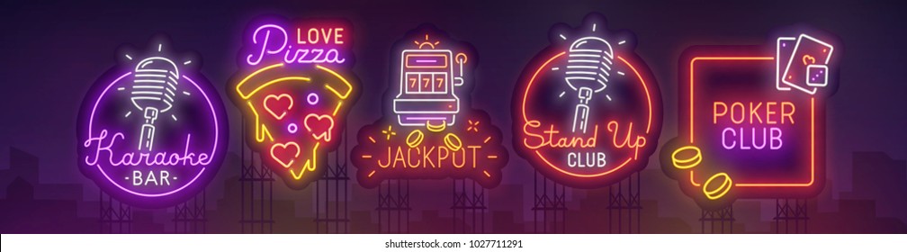 Big set city billboard. Pizza neon sign, Karaoke, Casino and Stand Up neon sign. Web banners. Night city. Vector illustration
