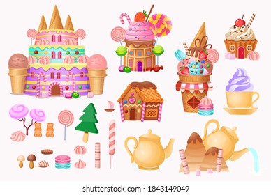 Großes Set. С andy Stadt mit Kuchenschloss, beherbergt Kuchen, Eis, Süßigkeiten, Lollipops und Kekse. Panorama der Süßigkeiten Stadt. Vektor Cartoon Hintergrund für Kinderspiele.