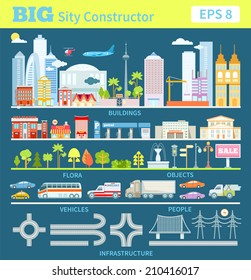 Big set with city elements to make your own city. Vector illustration