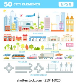 Big set with city elements to make your own city. Vector illustration