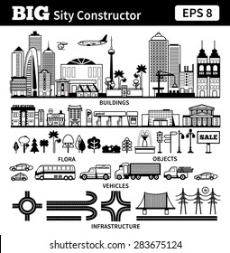 Big set with city elements to make your own city. Vector black and white monochrome illustrations isolated on white background