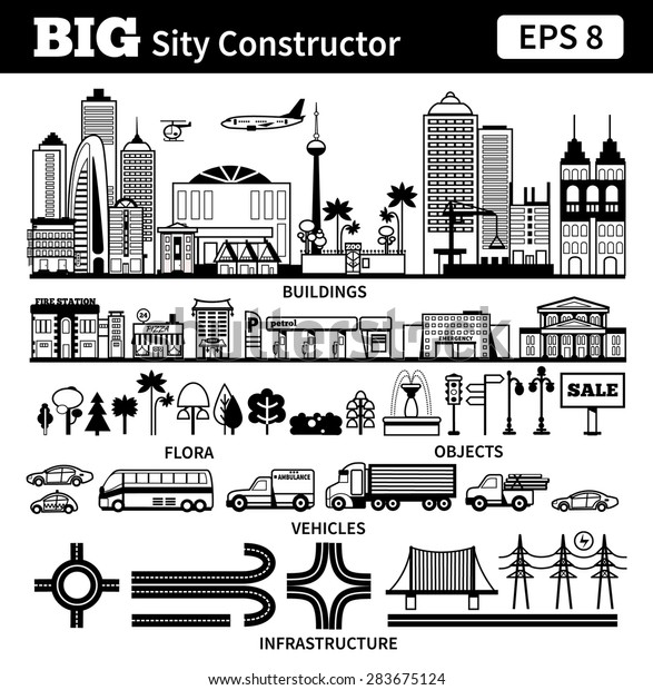 Big set with city elements to make your own\
city. Vector black and white monochrome illustrations isolated on\
white background