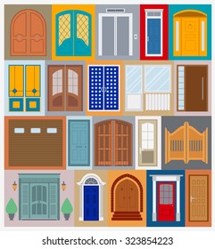 Big set City generator. House constructor. Doors. Make your perfect city. Vector illustration