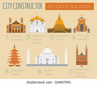 Big set City generator. House constructor. Religious buildings. Make your perfect city. Vector illustration