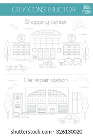 Big set City generator. House constructor. Supermarket, store, Car service and repair station. OOutline version. Make your perfect city. Vector illustration