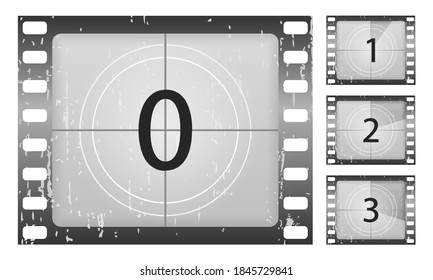 Big set a classic film countdown frame at the number one, two, three, four, five, six, seven, eight and nine. Old film movie timer count. Movies countdown vectors set. Vector Illustration, eps 10.