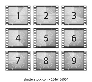 Big set a classic film countdown frame at the number one, two, three, four, five, six, seven, eight and nine. Old film movie timer count. Movies countdown vectors set. Vector Illustration, eps 10.