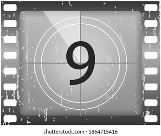 Big set a classic film countdown frame at the number one, two, three, four, five, six, seven, eight and nine. Old film movie timer count. Movies countdown vectors set. Vector Illustration, eps 10.