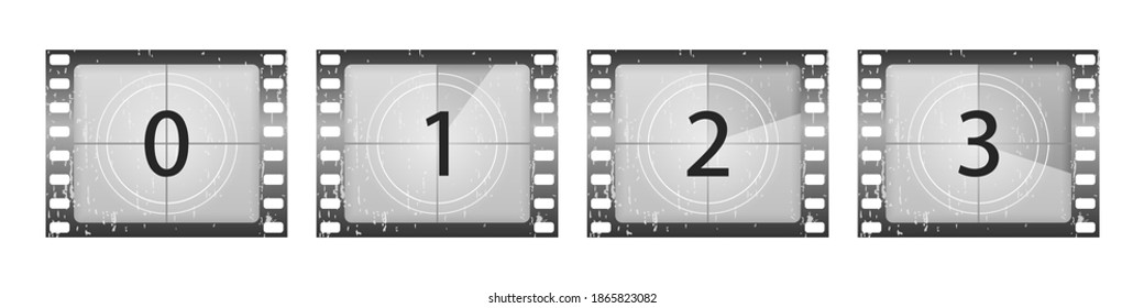 Big Set A Classic Film Countdown Frame At The Number One, Two, Three, Four, Five, Six, Seven, Eight And Nine. Old Film Movie Timer Count. Movies Countdown Vectors Set. Vector Illustration, Eps 10.