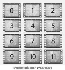 Big set a classic film countdown frame at the number one, two, three, four, five, six, seven, eight and nine. Old film movie timer count. Movies countdown vectors set. Vector Illustration, eps 10.