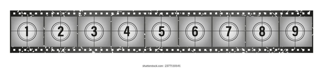 Big set a classic film countdown frame at the number one, two, three, four, five, six, seven, eight and nine grunge style. Old retro movie. Vintage filmstrip roll fram. Vector illustration