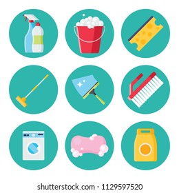 Big set of Cleaning flat icons  isolated on blue background. Collection of mop, sponge, red plastic bucket, cleaning products in bottles, brush, soap, Washing machine and Squeegee vector illustration