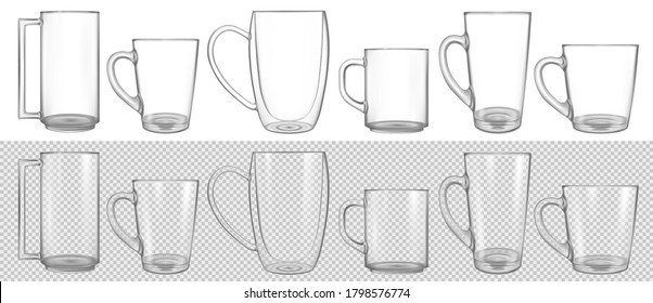 Big set of clear glass cup mock up. Transparent mug collection isolated on white background. Empty mockup. Vector realistic 3d illustration.