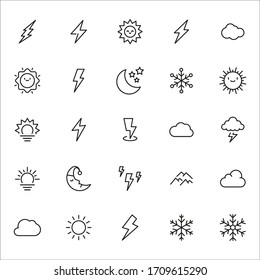 Gran conjunto de iconos de la línea climática. Ilustración vectorial aislada en un fondo blanco. Símbolos de calidad superior. Iconos vectoriales de trazo para conceptos o gráficos web. Sencillas señales de línea delgada. 