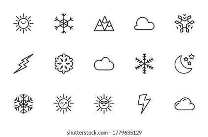 Große Auswahl an Klima-Linien-Symbolen. Vektorgrafik einzeln auf weißem Hintergrund. Symbole in Premium-Qualität. Schlagt Vektorsymbole für Concept- oder Web-Grafiken. Einfache Dünnzeilenzeichen.