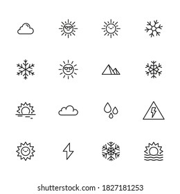 Gran conjunto de íconos de la línea climática. Ilustración vectorial aislada en un fondo blanco. Símbolos de calidad premium. Iconos vectoriales de trazo para el concepto o gráficos web. Sencillos signos de línea delgada.