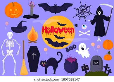 Big set of clip art for Halloween. Traditional characters and objects for creating invitations, cards, posters for celebration