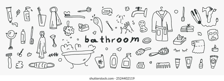 Big set clip arts of bathroom elements. Soap, towels, creams, brush and paste, comb, face mask, mirror, shampoo etc. Hand drawn doodle illustration. Childish naive vector art