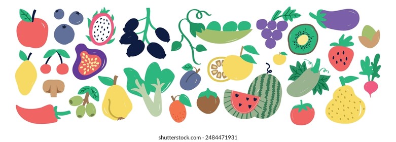 gran conjunto de verduras Clipart, bayas y frutas en estilo plano. Ilustración de frutas y verduras frescas... Elementos de Vector dibujados a mano. Alimento vitamínico natural saludable.