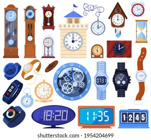 Big set clocks, watch exact time, collection modern and retro alarm clocks, cartoon style vector illustration, isolated on white.