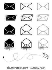 Big set of closed envelope, open envelope and fast moving modern mail symbol. Envelope sign. Vector drawing. Email symbol. Letter icon set. Email notification. Contact Form. Modern line art design.