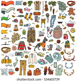 Big Set Clothes and Accessories. Winter holiday theme. Warm and Cozy Mood.