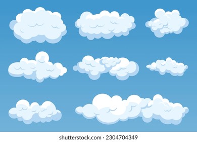 Gran conjunto de nubes aisladas en un fondo azul. Diseño de caricaturas simple y lindo. Colección de iconos o logotipos. Elementos realistas. Ilustración vectorial de estilo plano.