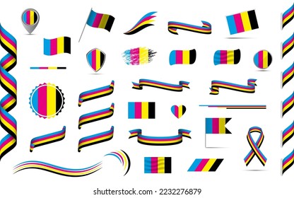 Big set of cmyk ribbons, symbols, icons and flags isolated on a white background. Business print design set for your infographics and templates. Vector illustration