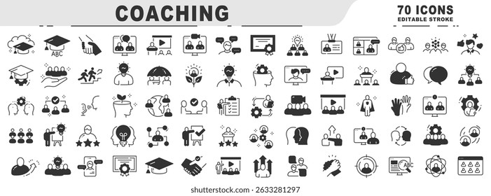Große Reihe von Coaching verwandten schwarzen Linie Symbole. Bearbeitbarer Strich