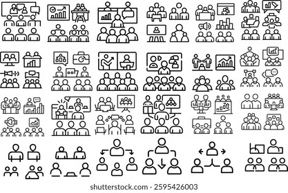 Big set of coaching related line icons. Training, mentoring, leadership, workshop etc. Editable stroke. 