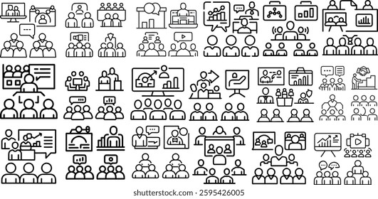 Big set of coaching related line icons. Training, mentoring, leadership, workshop etc. Editable stroke. 