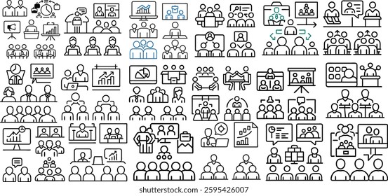 Big set of coaching related line icons. Training, mentoring, leadership, workshop etc. Editable stroke. 