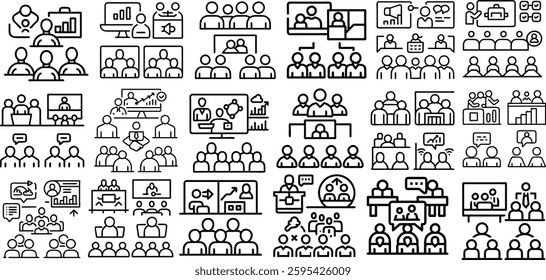 Big set of coaching related line icons. Training, mentoring, leadership, workshop etc. Editable stroke. 