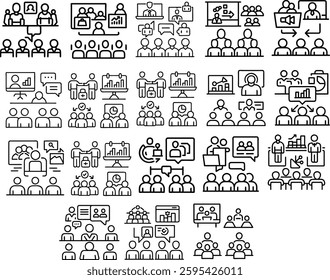 Big set of coaching related line icons. Training, mentoring, leadership, workshop etc. Editable stroke. 