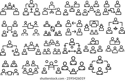 Big set of coaching related line icons. Training, mentoring, leadership, workshop etc. Editable stroke. 