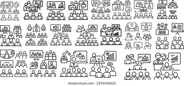 Big set of coaching related line icons. Training, mentoring, leadership, workshop etc. Editable stroke. 