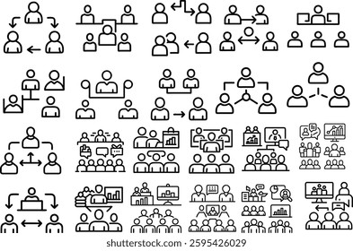 Big set of coaching related line icons. Training, mentoring, leadership, workshop etc. Editable stroke. 