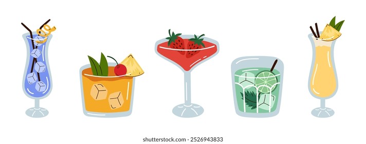 Big set of cocktails. Classical drinks in different types of glasses in cartoon style. Vector illustration of summer cocktails. Soft and alcohol drinks isolated on white background.