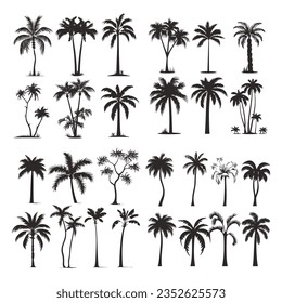 Big set of coconut tree silhouettes vector isolated on white background