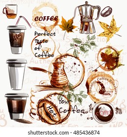 Big set of coffee elements painted by spots for design