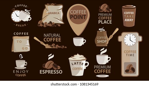 Big set of Coffee emblems or stickers with coffee illustrations. Logotypes. Arabica, espresso, latte. Big vector collection.Related quotes set.