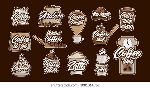 Big set of Coffee emblems or stickers with lettering and coffee illustrations. Logotype. Arabica, espresso, latte. Big vector collection. Related quotes set.